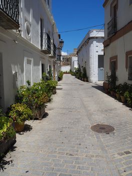 Typical street in the pretty village of Tarifa, Andalucia, Spain