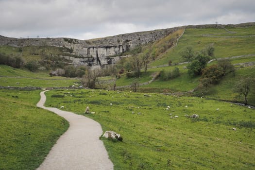Track through the green fields alongside Malham Beck leading to the dramatic Malham Cove with the limestone pavement high above, Yorkshire Dales, UK