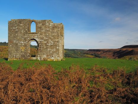 Ruins of Skelton Tower near Levisham on a bright, sunny autumn day with views over North York Moors National Park, Yorkshire, UK