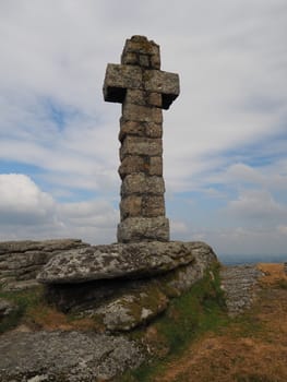 View from Brat Tor and Widgery Cross with white clouds in a blue sky, Dartmoor National Park, Devon, UK