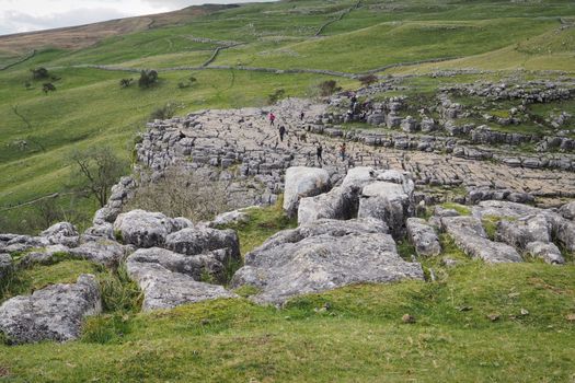 The dramatic fissured limestone pavement geology high above Malham Cove set against green fields and dry stone walls, Yorkshire Dales, UK