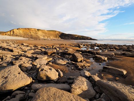 Carboniferous layers of limestone and shale cliffs at Dunraven Bay, Vale of Glamorgan, South Wales which was also used in the Doctor Who TV Series as Bad Wolf Bay
