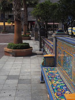 Colorful tiled seating around the Plaza Alta, Algeciras, Andalucia, Spain