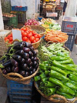Colorful market stall of vegetables and produce in Tangier, Morocco