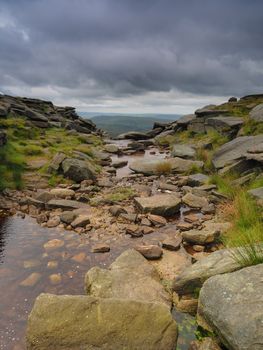 Crossing Kinder Downfall on the Pennine Way overlooking mountains with dark storm clouds overhead, Peak District National Park, UK