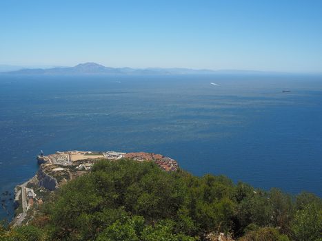 View from the top of the Rock of Gibraltar across the Strait of Gibraltar with Morocco in the distance