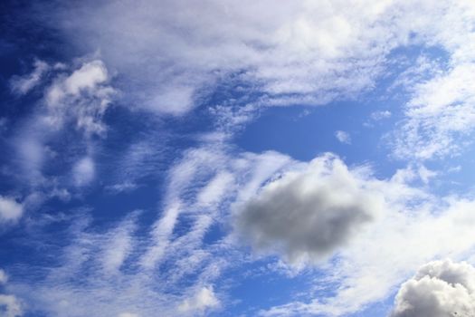 Beautiful fluffy white beautiful cloud formations in a deep blue summer sky