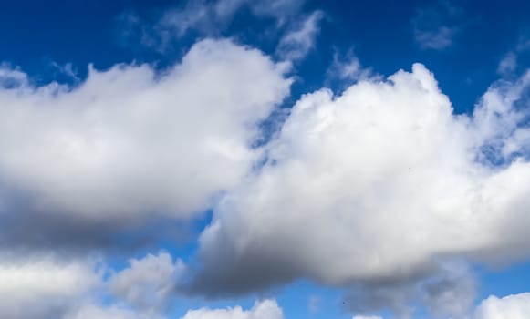 Beautiful fluffy white beautiful cloud formations in a deep blue summer sky