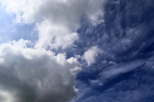 Beautiful fluffy white beautiful cloud formations in a deep blue summer sky