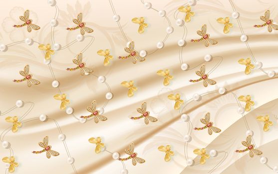 3D wallpaper luxury floral jawelry golden dragonfly butterfly