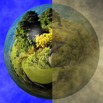 Environmental concept of a clean green earth versus a polluted and dirty earth
