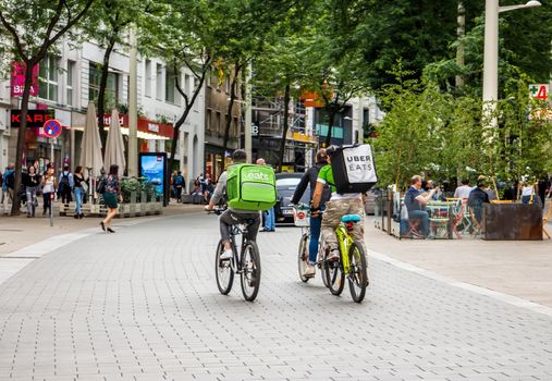 Vienna Austria May.25 2018, Uber Eats is an International food delivery company from U.S, Cyclist caring backpacks