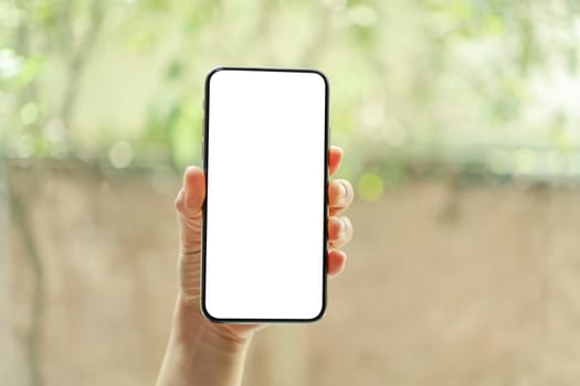 Close up of woman hand holding mobile smartphone with white blank screen copy space and green garden view.