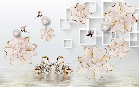 3D wallpaper luxury floral jawelry golden swan lake