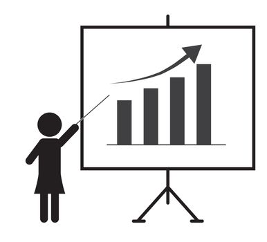 presentation icon on white background. flat style. Training icon for your web site design, logo, app, UI. business woman presenting something on a board symbol. presentation sign. 

