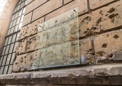 Storehouse of the Academy of Fine Arts Vienna showing preserved world war 2 damage from the Battle in 1945 with the Soviet Army, bullet holes on the facade, Vienna Austria 4-4-2018