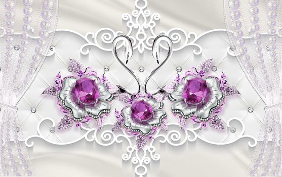 3D wallpaper luxury floral jawelry golden rose purole swan
