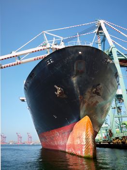 A massive cargo ship at Kaohsiung port with a bulbous bow

