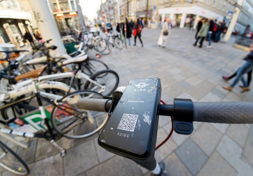 Vienna Austria March.22 2019, Bird Electric scooters for hire become popular mean of transportation for domestic and visitors.