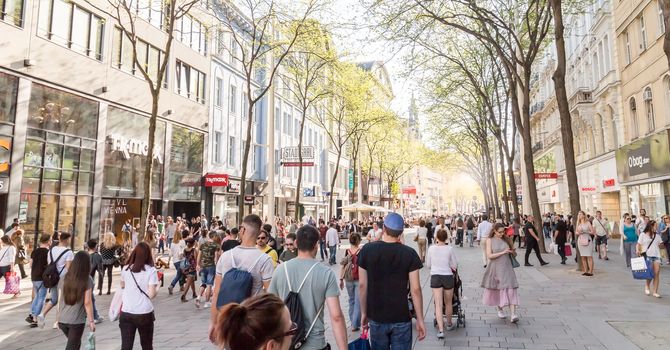 Mariahilfer street, largest shopping avenue in Vienna, Vienna Austria April.20, 2018