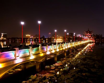 Night time view of the Five Li Pavilion at the Lotus Lake in Kaohsiung
