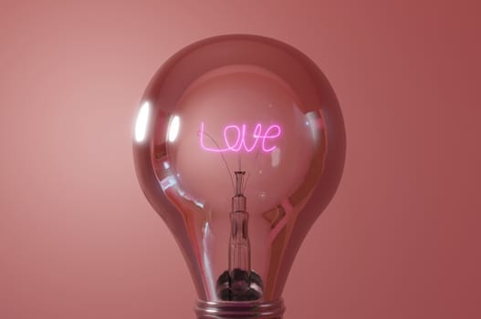 Close up view, wording " love " glowing light bulb with pink background . Concept love , valentineday , 