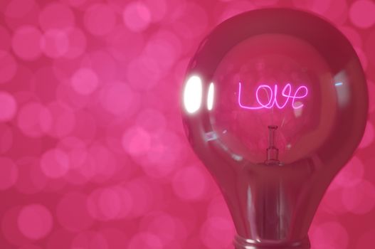3D rendering background , Close up view, wording " love " glowing light bulb with pink bokeh background  .  Concept love , valentineday 