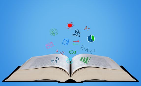 Education concept, knowledge management, open book on blue background