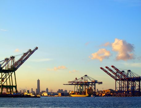 Silhouette of Kaohsiung city seen from the container port terminal
