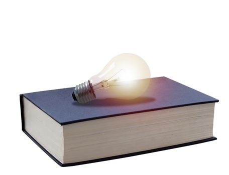 Education concept, knowledge management, isolate  light bulb and black book on white background