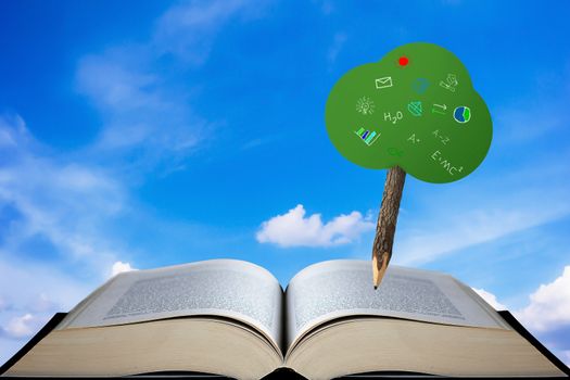 Education concept, knowledge management, pencil tree and open book on blue sky background