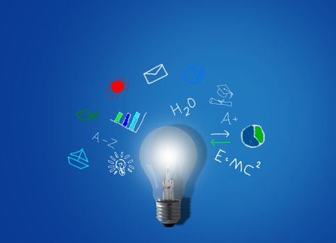 Knowledge management, education concept, light bulb on blue background