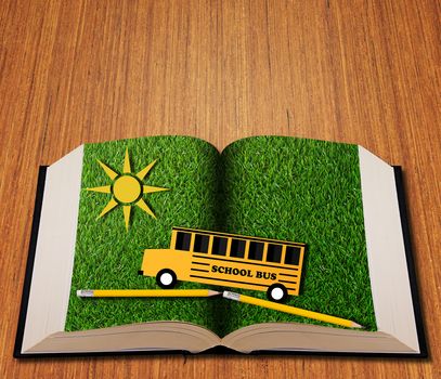 Education concept, knowledge management, back to school, paper cut yellow bus on open book background