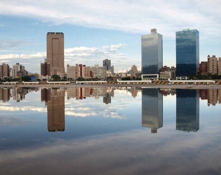 A view of the skyline of Kaohsiung with a beautiful reflection
