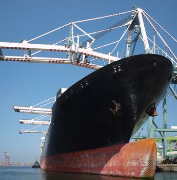A massive container ship at Kaohsiung port with a bulbous bow