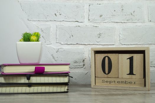 September still life with books, potted plant and rustic sign for the month against a white brick wall