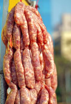 Handmade sausages at a local outdoor butcher
