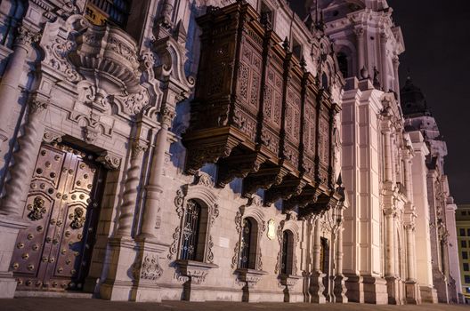 Facade of the Cathedral of Lima located in the Historic Center of the city in Peru