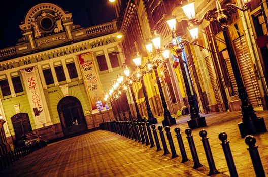 Passage of the historic center that overlooks the house of Peruvian literature full of ancient lanterns