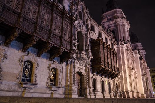 Facade of the Cathedral of Lima located in the Historic Center of the city in Peru