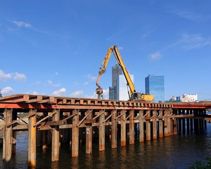 Bridge construction in Kaohsiung City across the Love River
