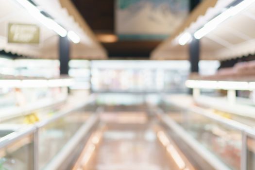 Blurred of supermarket with product shelves background image.