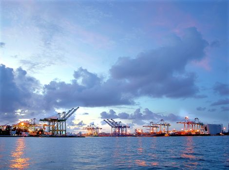 Beautiful view of the container port of Kaohsiung at dusk