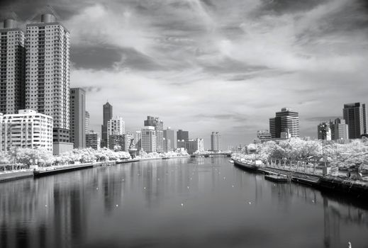 A monochrome image of the Love River in Kaohsiung taken with an infrared filter
