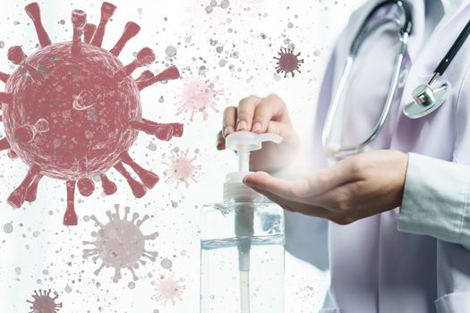 Doctor with white coat using sanitizer alcohol gel for clean hands, corona virus or Covid-19 protection.