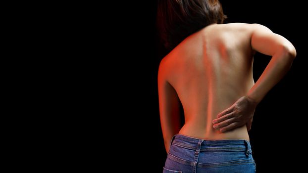 Spine pain, woman hurt backbone, woman suffering from pain back, muscles problem, healthcare and medicine concept.