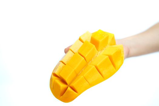 Hand with Yellow mango and mango slice on cubes isolated white isolated background , Hand