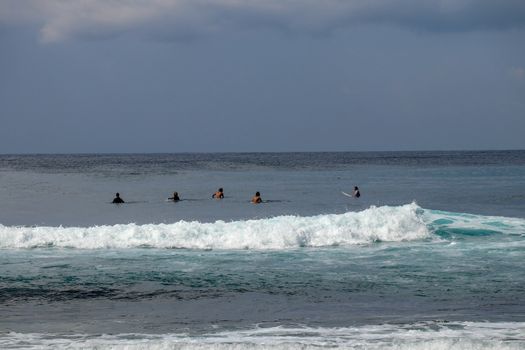 Unidentified man on surf board waiting for wave in blue water back view. Young Boys Waits the Waves. Surfer waiting in line for a wave. Surfers wait the wave in the sea during sunny tropical day.