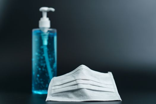 Medical surgical mask and alcohol sanitizer hand gel for cleaning and protecting corona virus.