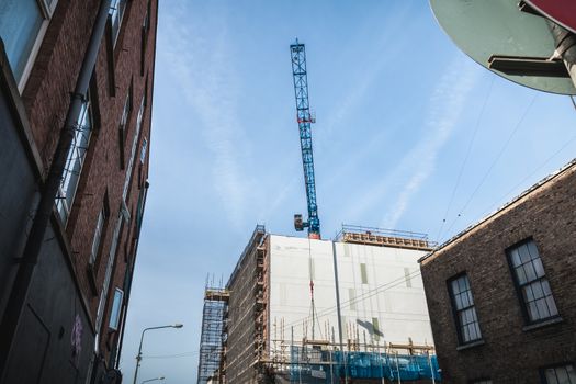 Dublin, Ireland - February 11, 2019: Renovation project of a building in the city center on a winter day